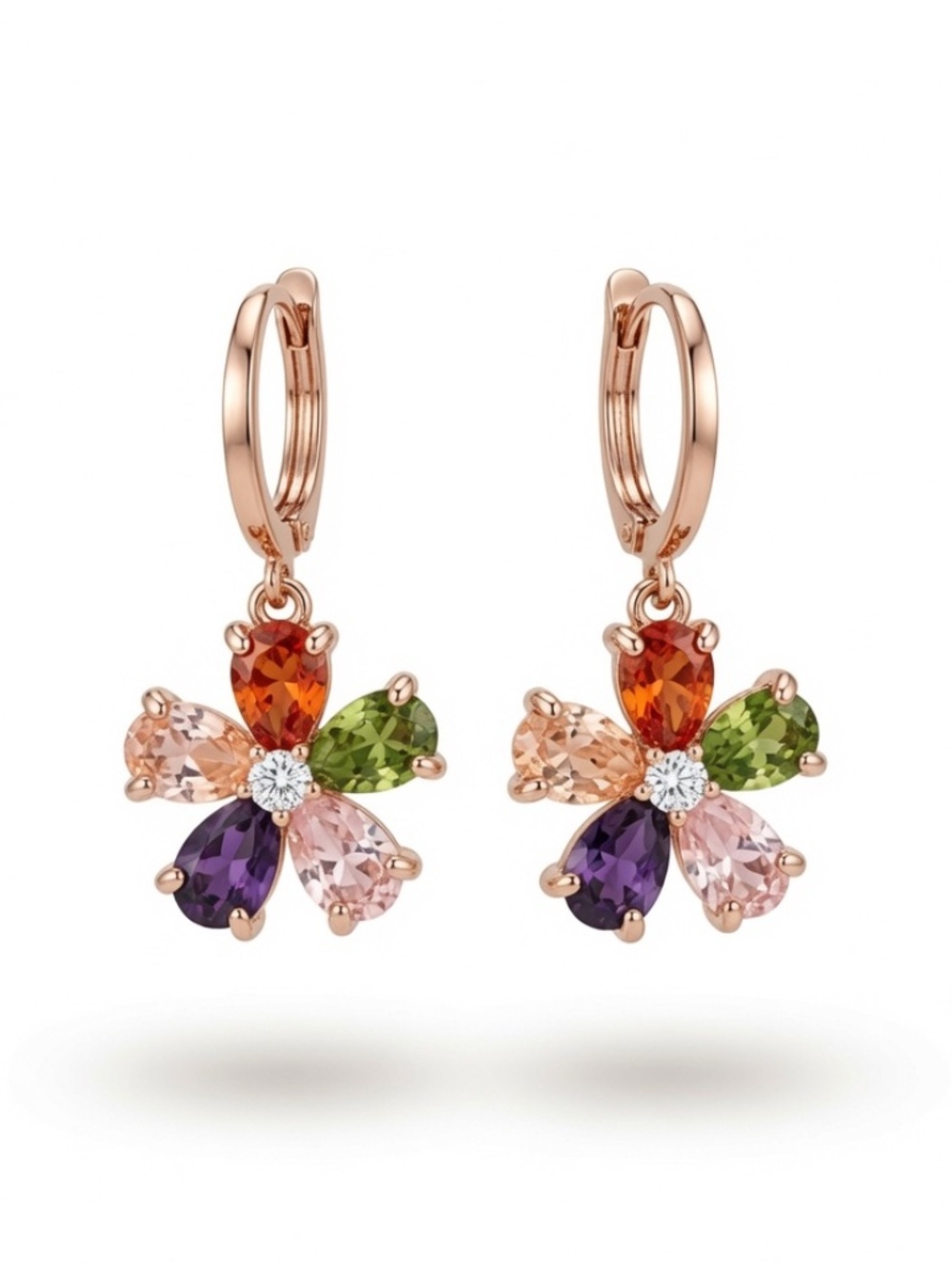 Multicolor CZ Flower Drop Earrings – Rose Gold Tone